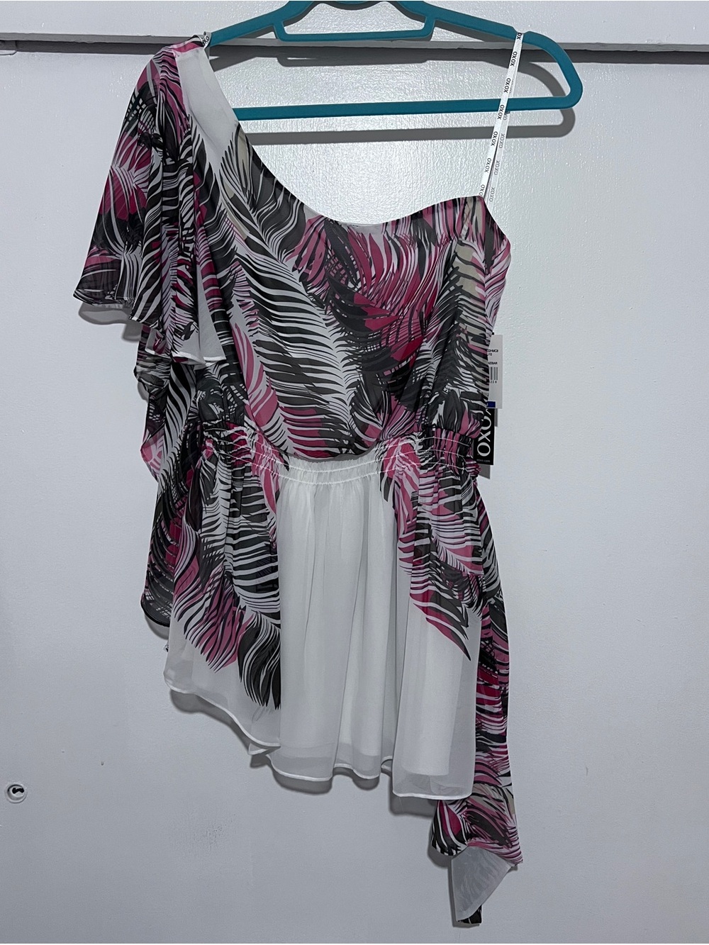 XOXO Coral-Pink, Red, Black,Dark Brown, and White Tropical One-Shoulder Top